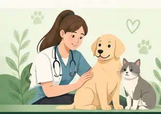 Illustration of a therapist with a dog and cat